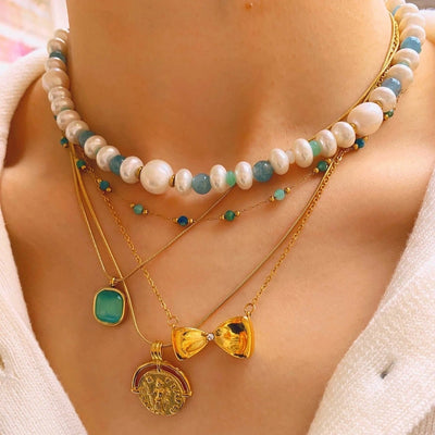 Jewelry Simple Style Bow Knot 304 Stainless Steel natural stone 18K Gold Plated Pendant Necklace