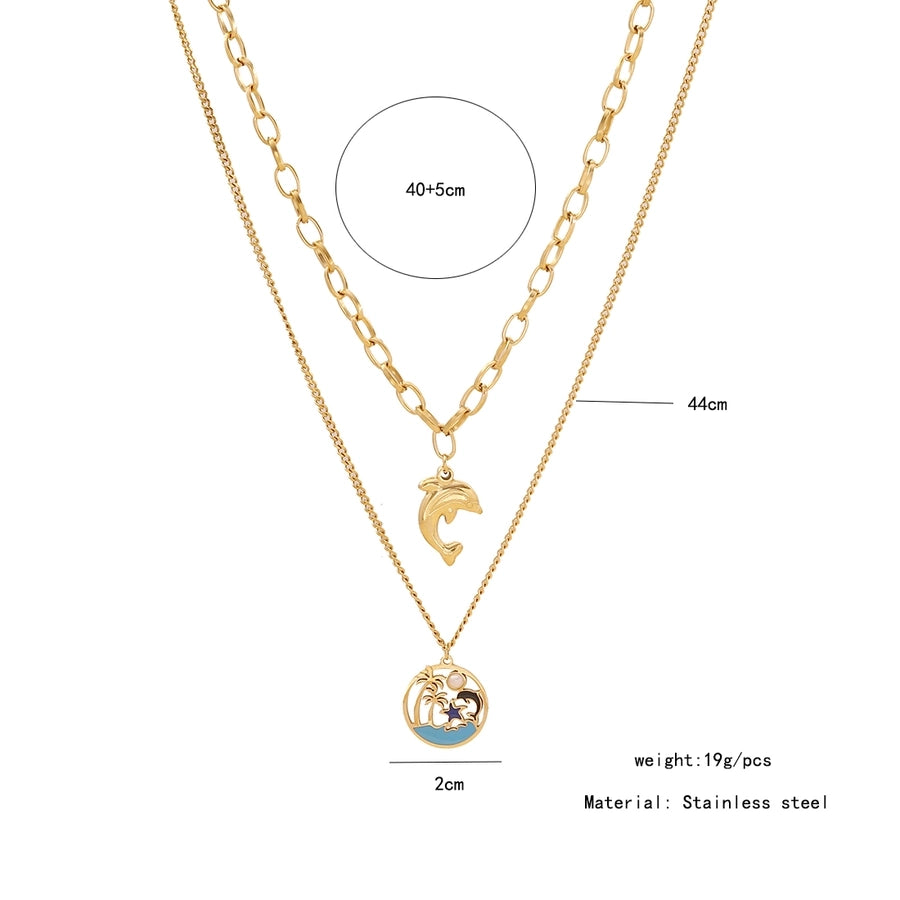 Jewelry Hawaiian Commute Coconut Tree Dolphin 304 Stainless Steel Pearl 18K Gold Plated Hollow Out Jewelry Set