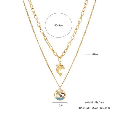 Jewelry Hawaiian Commute Coconut Tree Dolphin 304 Stainless Steel Pearl 18K Gold Plated Hollow Out Jewelry Set