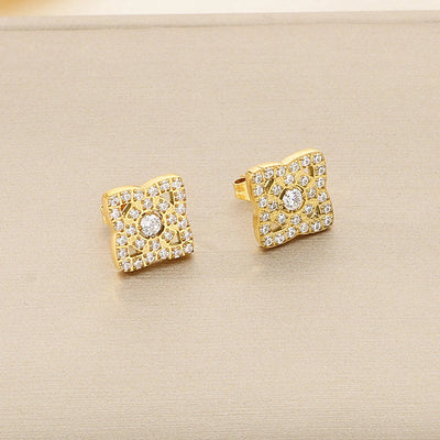 1 Pair Vintage Style Square Heart Shape Hollow Out Inlay 304 Stainless Steel Pearl Zircon 18K Gold Plated Earrings