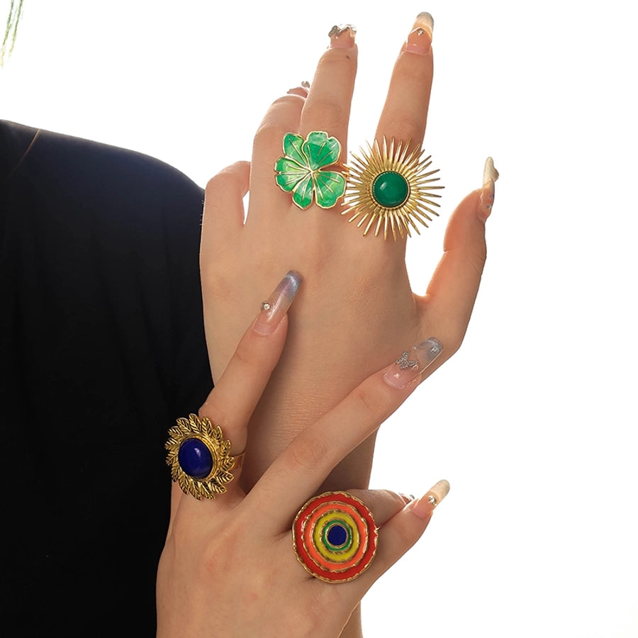 Jewelry Modern Style Sweet Round Sun Flower 304 Stainless Steel Natural Stone 14K Gold Plated Enamel Plating Open Rings