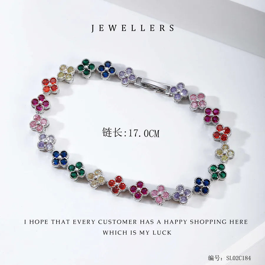 Wholesale Jewelry Elegant Classic Style Leaf Four Leaf Clover Copper Zircon Plating Bracelets Tennis Chain