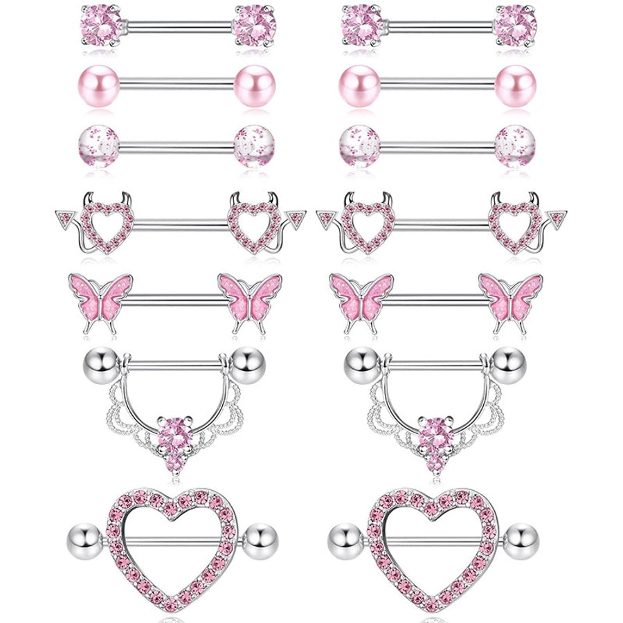 1 Pair Nipple Rings & Studs Hip-Hop Shiny Heart Shape Flower Butterfly 316L Stainless Steel  Copper Inlay Zircon Nipple Rings & Studs