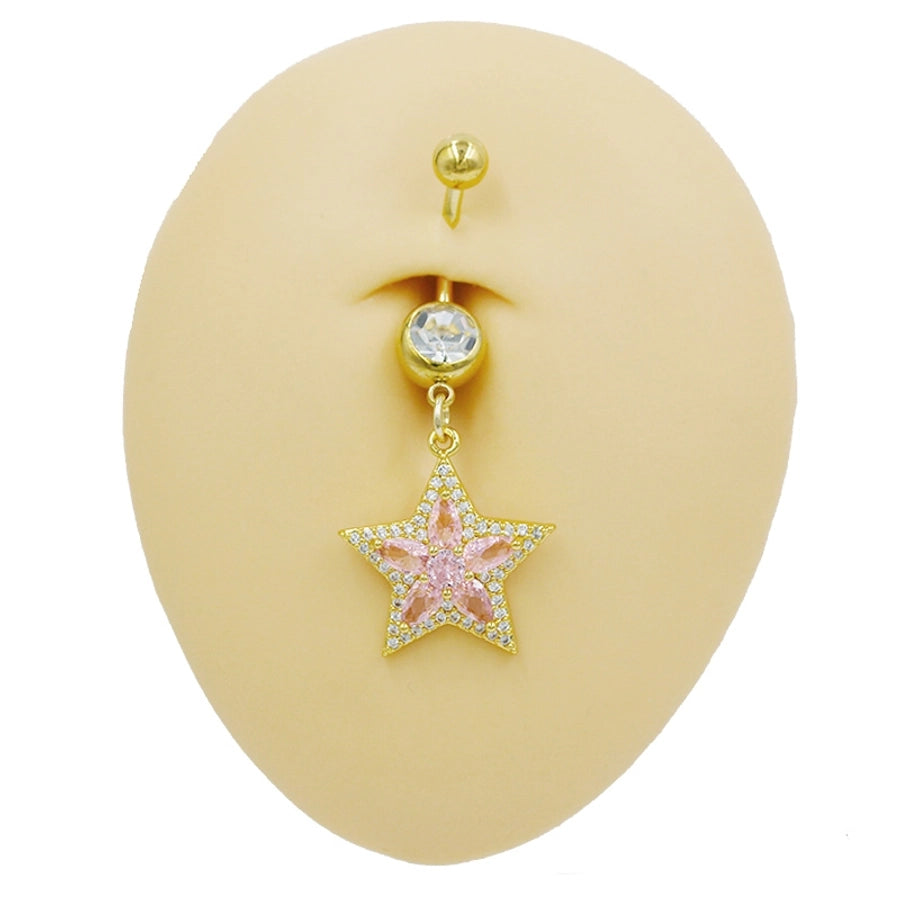 1 Piece Belly Rings Cute Sweet Star Heart Shape 316 Stainless Steel  Alloy Copper Inlay Rhinestones Zircon Gold Plated