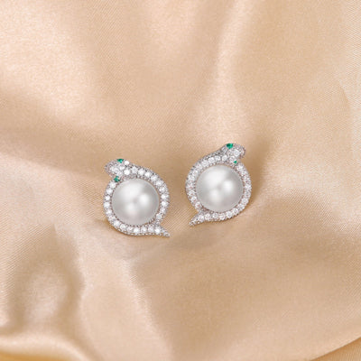 1 Pair Elegant Luxurious Shiny Snake Inlay Copper Artificial Pearls Zircon 18K Gold Plated White Gold Plated Ear Studs