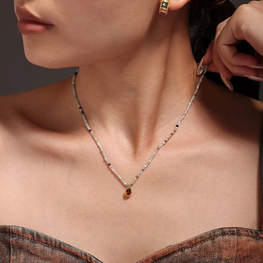 Elegant Vacation Water Droplets 304 Stainless Steel natural stone Zircon Beaded Chain Pendant Necklace In Bulk