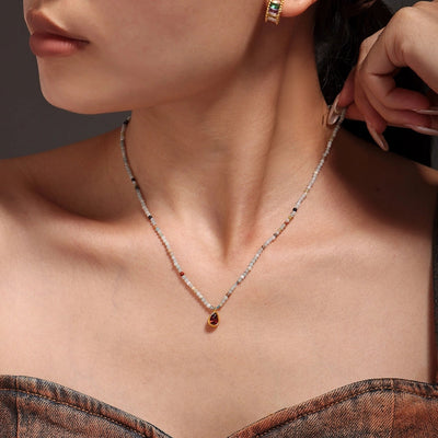 Elegant Vacation Water Droplets 304 Stainless Steel natural stone Zircon Beaded Chain Pendant Necklace In Bulk