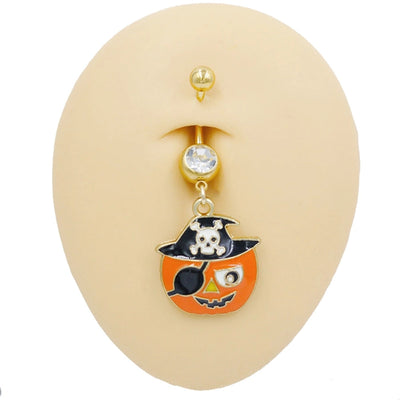 1 Piece Belly Rings Rock Punk Pumpkin Bat Skull 316 Stainless Steel  Alloy Epoxy Inlay Rhinestones Zircon Gold Plated