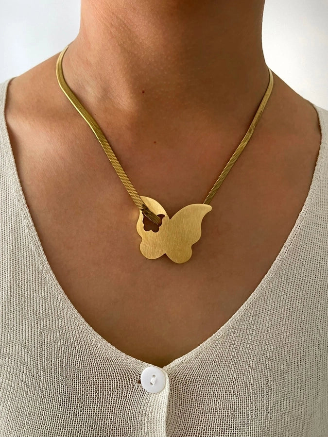 Jewelry Retro Exaggerated Heart Shape Butterfly 316L Stainless Steel  18K Gold Plated Pendant Necklace