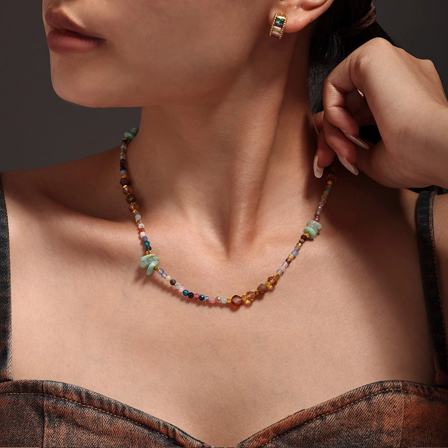 Sweet Cool Style Geometric 304 Stainless Steel Artificial Crystal natural stone 18K Gold Plated Beaded Chain Necklace In Bulk