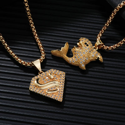 Hip-Hop Rock Shiny Shark 304 Stainless Steel Copper Inlay Zircon K Gold Plated Unisex Pendant Necklace