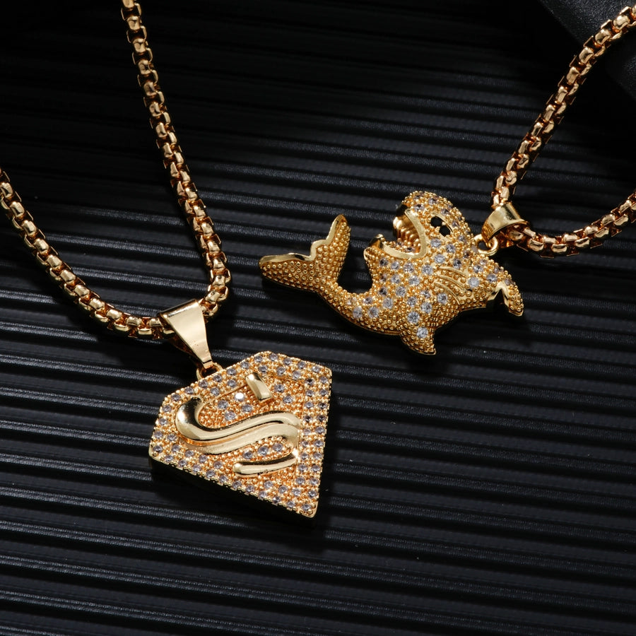 Hip-Hop Rock Shiny Shark 304 Stainless Steel Copper Inlay Zircon K Gold Plated Unisex Pendant Necklace