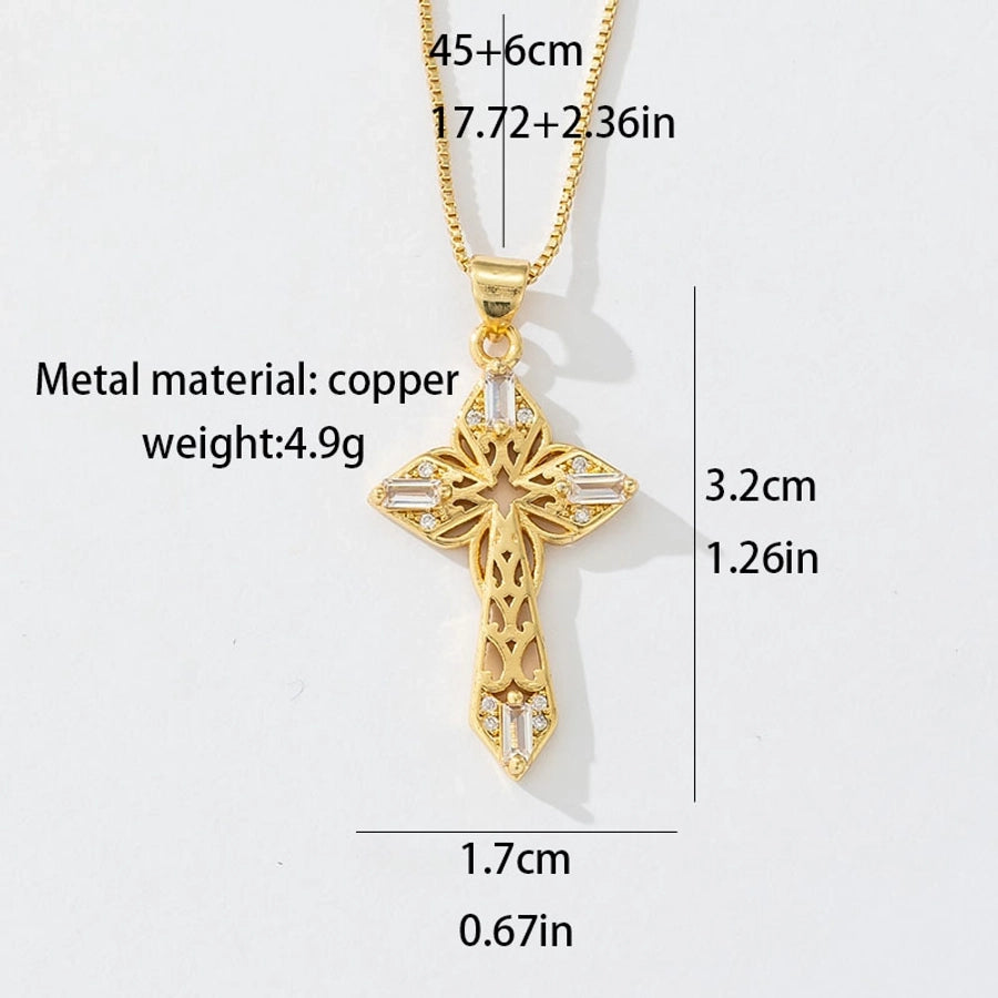 Copper box chain 18K Gold Plated Inlay Carving Cross Zircon Pendant Necklace