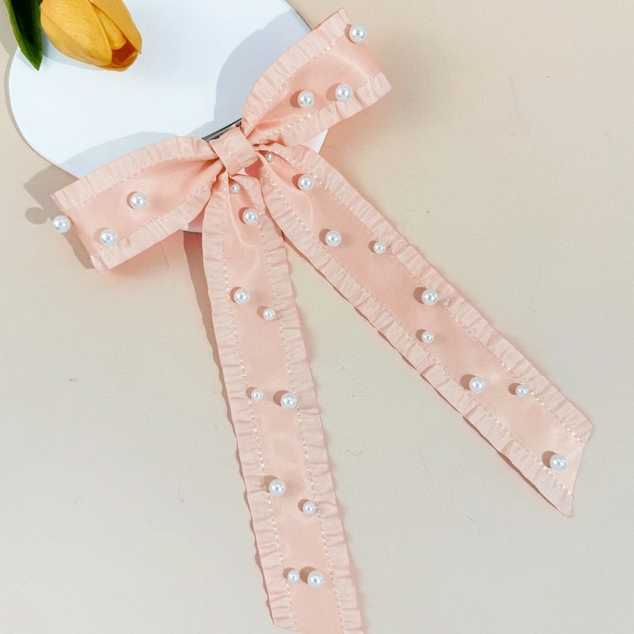 Women's Basic Bow Knot Ribbon Inlaid Pearls Hair Clip