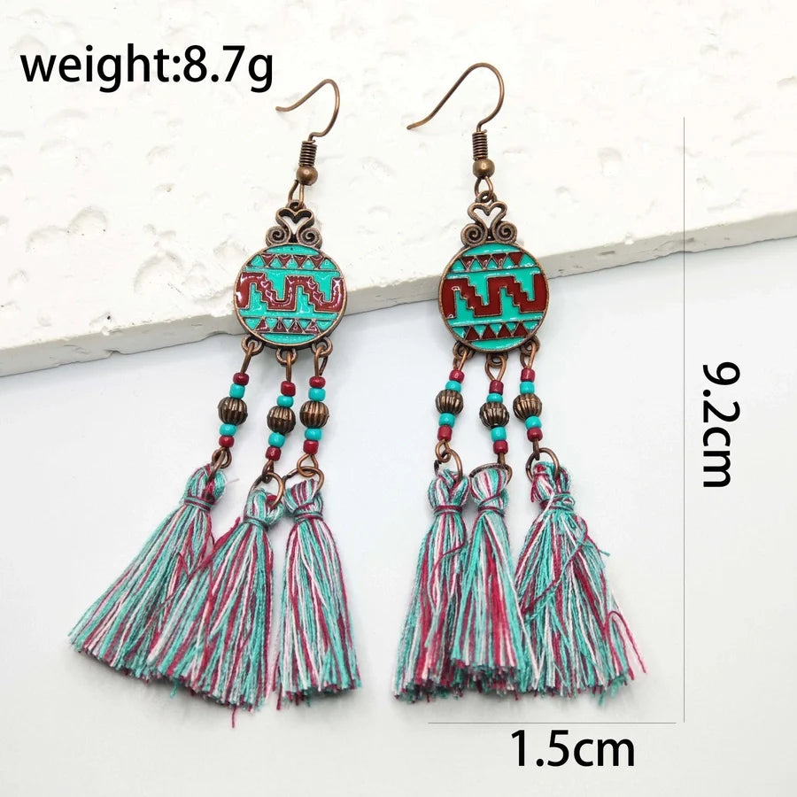 1 Pair Retro Tropical Geometric Round Leaves Tassel Plating Braid 304 Stainless Steel Feather 18K Gold Plated Drop Earrings