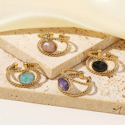 Wholesale Jewelry Retro French Style Oval Titanium Steel Natural Stone 14K Gold Plated Plating Inlay Open Rings
