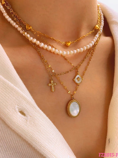 Jewelry Casual Elegant Cross Heart Shape 304 Stainless Steel Shell 18K Gold Plated Pendant Necklace