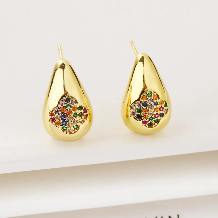 1 Pair Elegant Simple Style Four Leaf Clover Water Droplets Copper Zircon Ear Studs