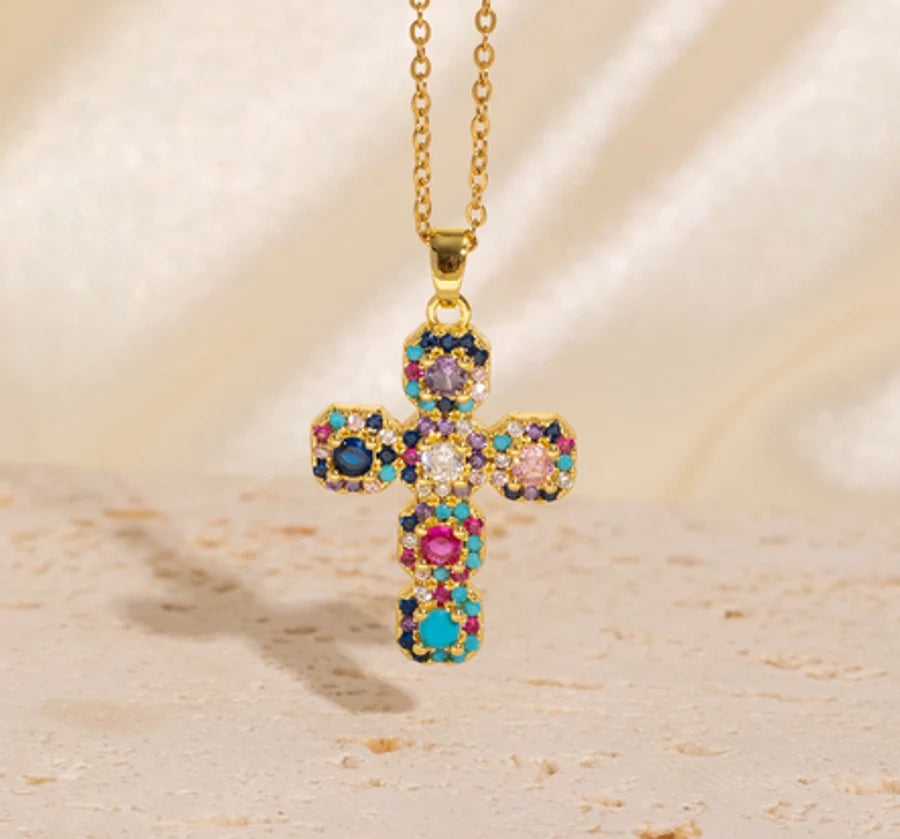 Copper Plating Cross Zircon Pendant Necklace