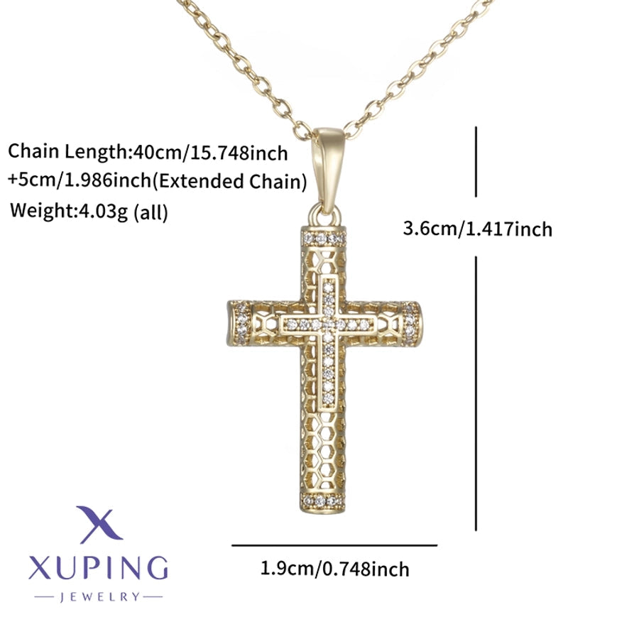 Copper 18K Gold Plated Plating Hollow Out Inlay Cross Zircon Pendant Necklace