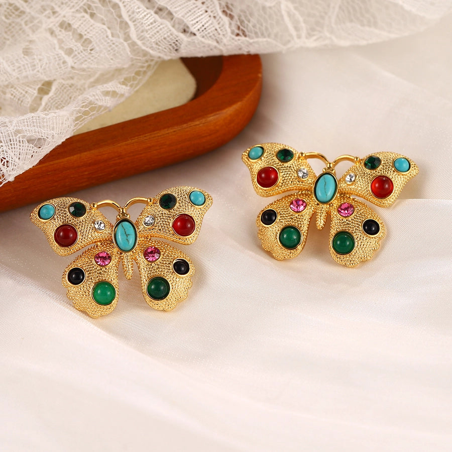 1 Pair Elegant Retro Geometric Butterfly Inlay Alloy Artificial Pearls Natural Stone Zircon 18K Gold Plated Palladium White K Drop Earrings