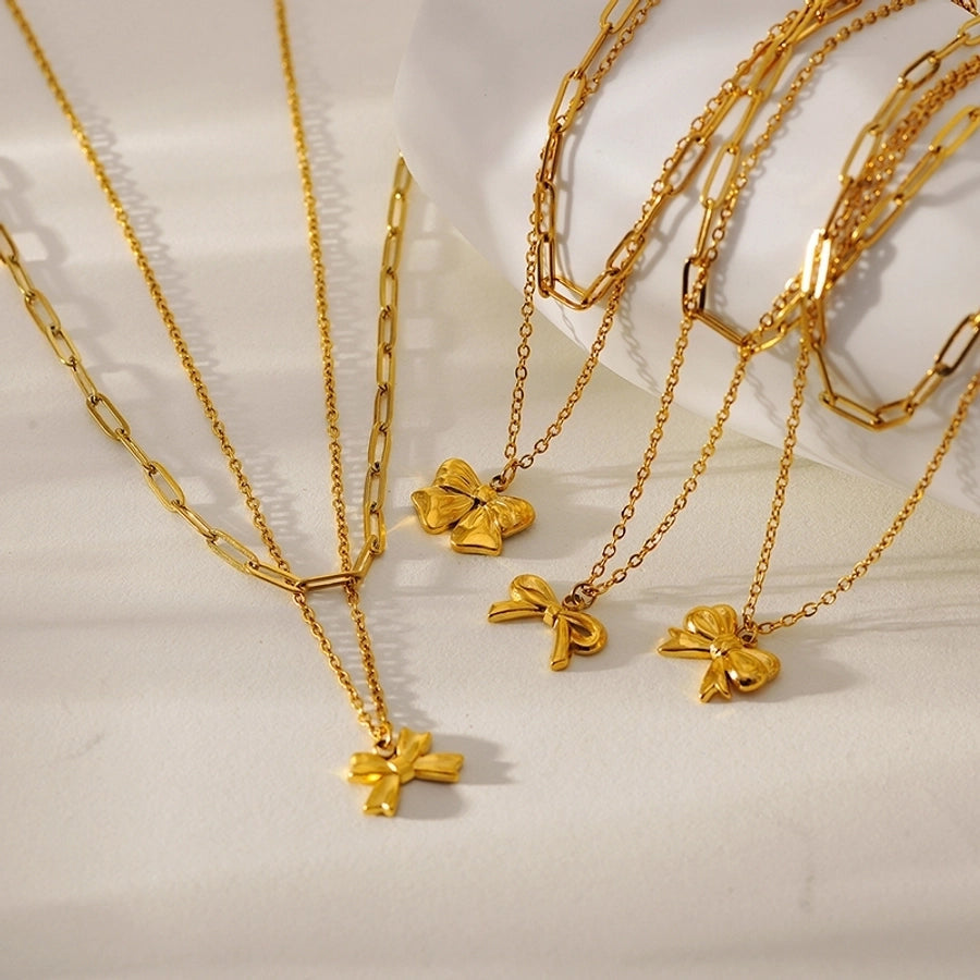 Jewelry IG Style Sweet Bow Knot 304 Stainless Steel Zircon Hollow Out Inlay Double Layer Necklaces