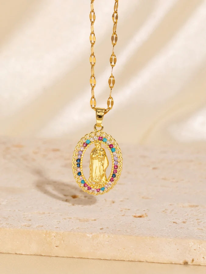 Copper Plating Virgin Mary Zircon Pendant Necklace