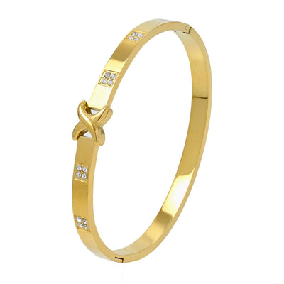 Elegant Nordic Style Vacation cross Row Brick Hollow Out Titanium Steel Gold Plated Zircon Bangle In Bulk