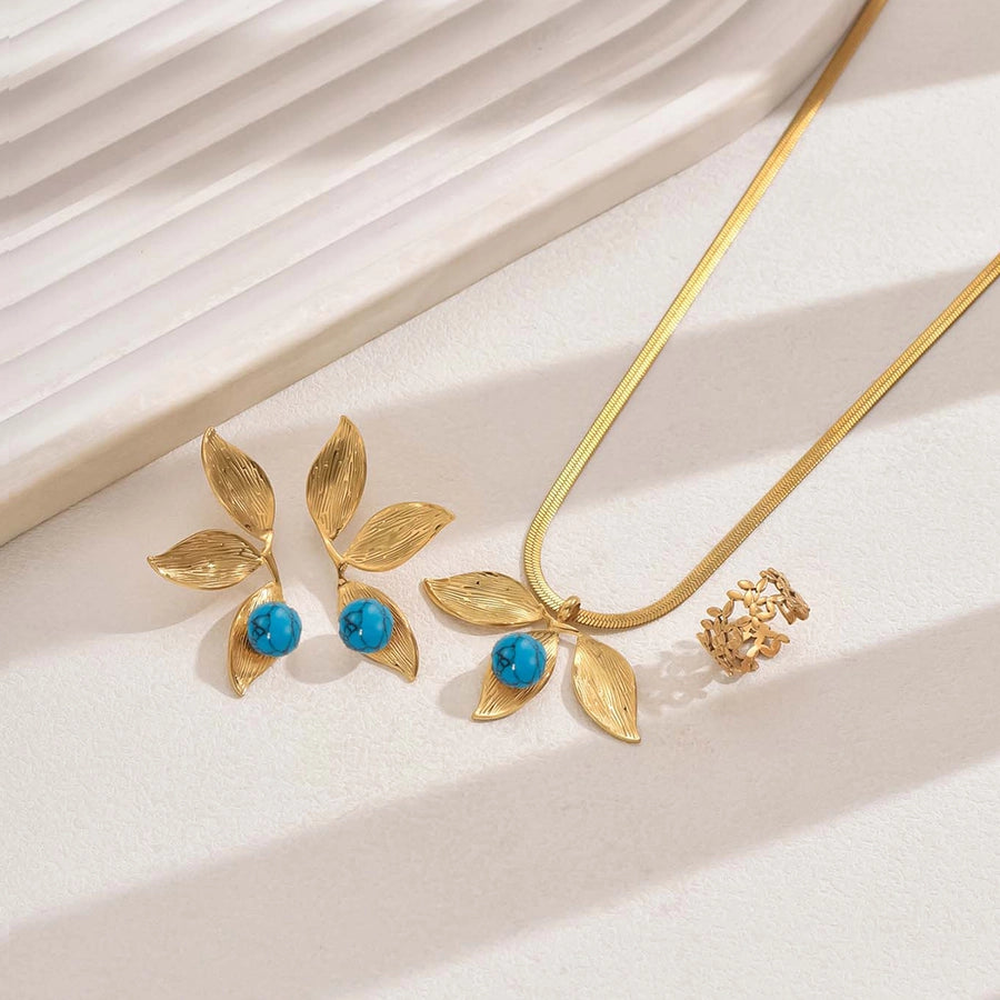 Jewelry Elegant French Style Sweet Leaf Ball 201 Stainless Steel 18K Gold Plated Stainless Steel Jewelry Sets