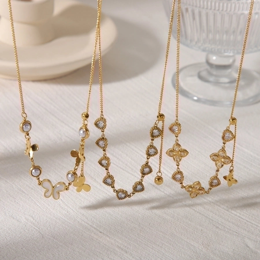 Jewelry Casual Commute Flower Butterfly 304 Stainless Steel Zircon 18K Gold Plated Inlay Pendant Necklace