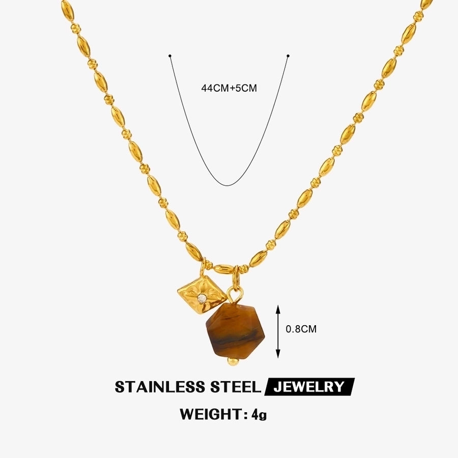 Jewelry Vintage Style Geometric 304 Stainless Steel Rhinestones Tiger Eye 18K Gold Plated Inlay Pendant Necklace