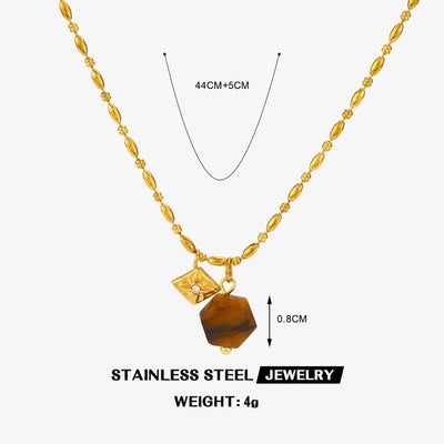 Jewelry Vintage Style Geometric 304 Stainless Steel Rhinestones Tiger Eye 18K Gold Plated Inlay Pendant Necklace