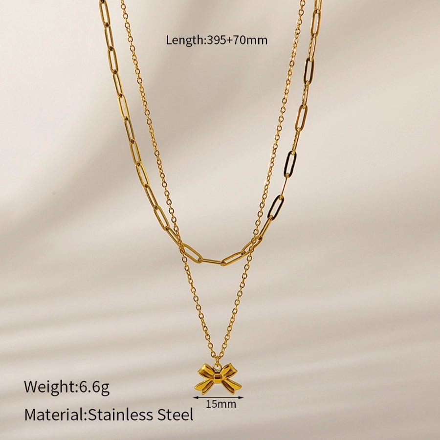 Jewelry IG Style Sweet Bow Knot 304 Stainless Steel Zircon Hollow Out Inlay Double Layer Necklaces