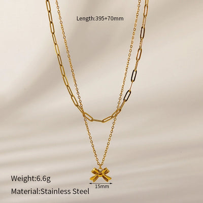 Jewelry IG Style Sweet Bow Knot 304 Stainless Steel Zircon Hollow Out Inlay Double Layer Necklaces