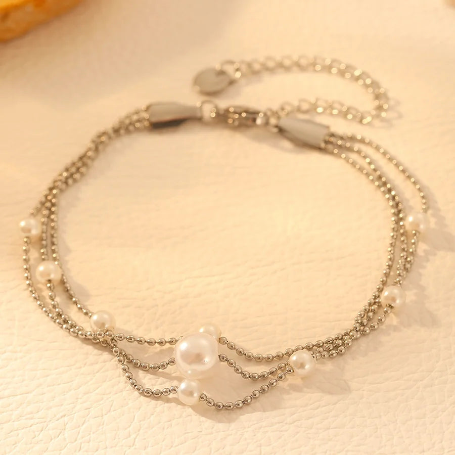 Elegant Round Titanium Steel 18K Gold Plated Beaded Chain Bracelets In Bulk