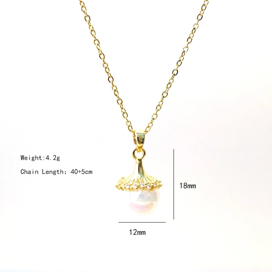 304 Stainless Steel Copper 18K Gold Plated Plating Inlay Round Artificial Pearls Pendant Necklace