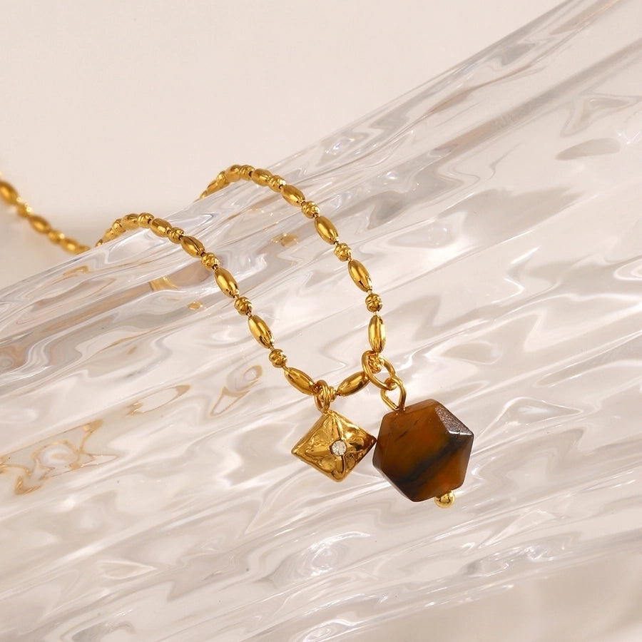 Jewelry Vintage Style Geometric 304 Stainless Steel Rhinestones Tiger Eye 18K Gold Plated Inlay Pendant Necklace