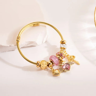 304 Stainless Steel Alloy Gold Plated Cute Romantic Plating Inlay Heart Shape Owl Rhinestones Bangle