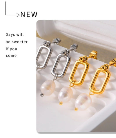 1 Pair Elegant French Style Quadrilateral Oval Plating 304 Stainless Steel Freshwater Pearl 18K Gold Plated Drop Earrings