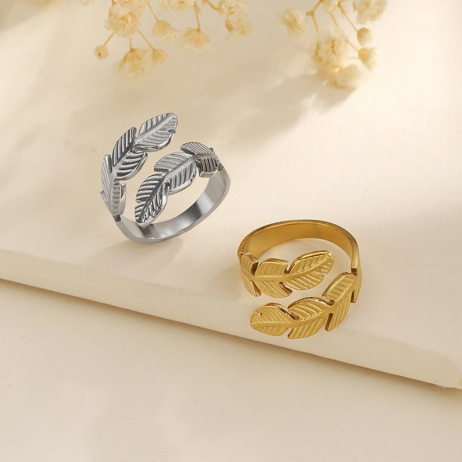 Jewelry Elegant Leaves Feather 304 Stainless Steel Open Rings