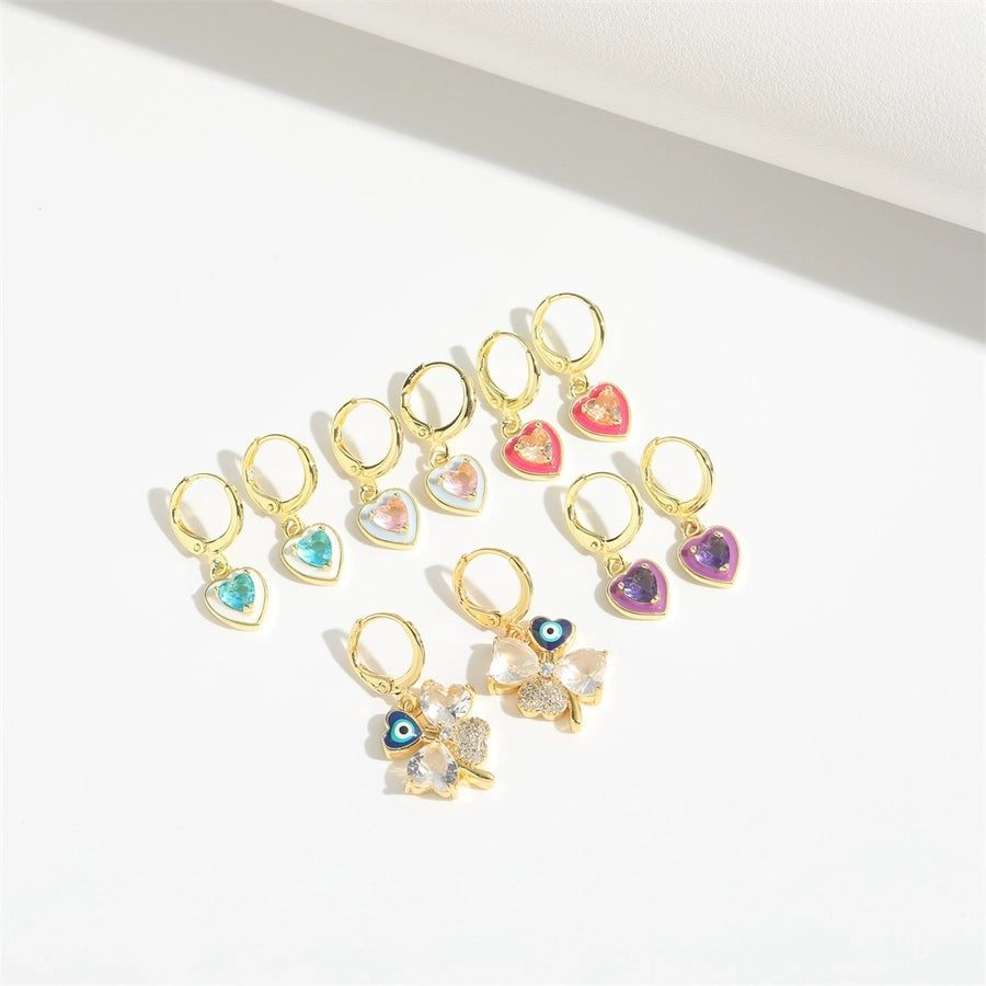 1 Pair Elegant Simple Style Commute Four Leaf Clover Heart Shape Enamel Inlay Copper Zircon 14K Gold Plated Drop Earrings