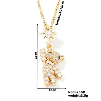 304 Stainless Steel Copper K Gold Plated Rhodium Plated Inlay Bear Zircon Pendant Necklace