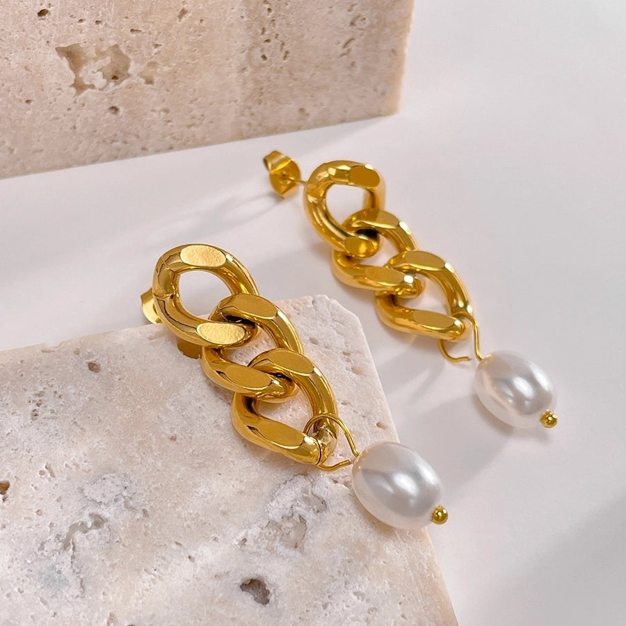 1 Pair French Style Geometric Pearl chain 304 Stainless Steel 18K Gold Plated Drop Earrings