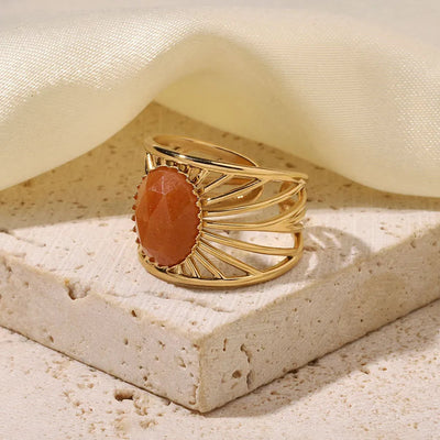 Wholesale Jewelry Retro French Style Oval Titanium Steel Natural Stone 14K Gold Plated Plating Inlay Open Rings