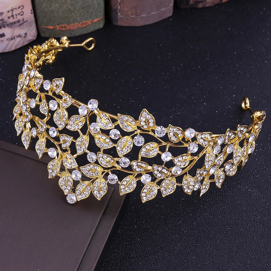 simple style leaf alloy inlay rhinestones crown 1 piece