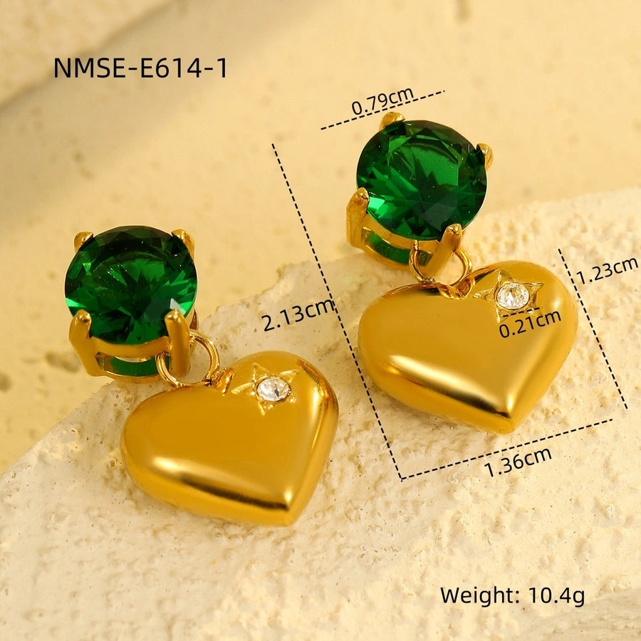 1 Pair Retro Sweet Round Heart Shape Inlay 304 Stainless Steel Zircon 18K Gold Plated Drop Earrings