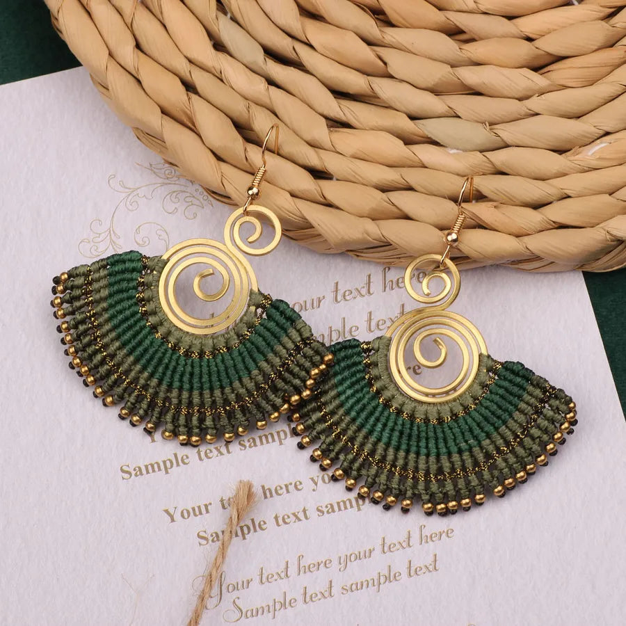 bohemian sector synthetic gemstones shell copper tassel mesh women's ear hook