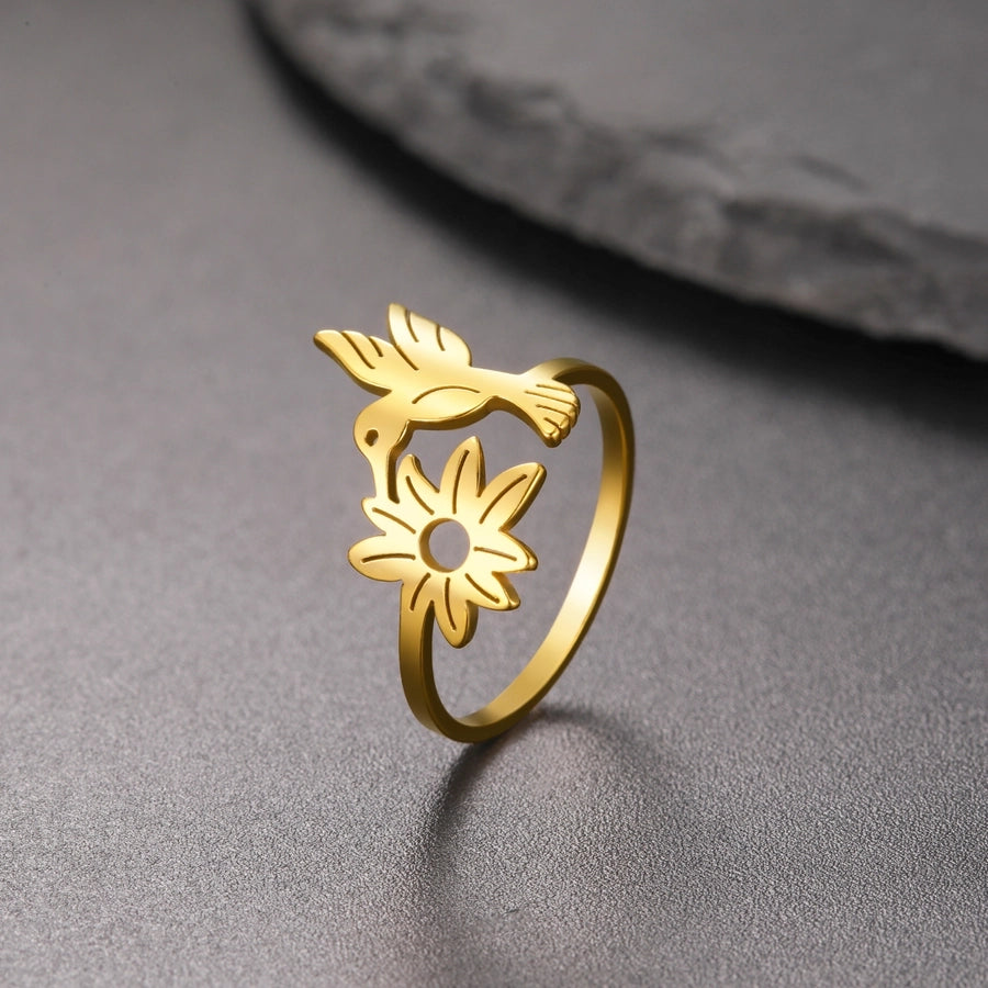 Jewelry Cute Flower Bird 304 Stainless Steel 18K Gold Plated Hollow Out Rings