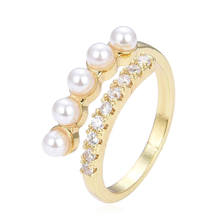 Copper Plating 18K Color Retaining Glossy Zircon Imitation Pearl Open Ring