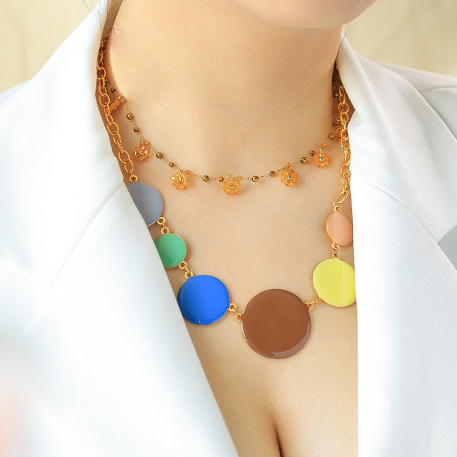 Jewelry Modern Style Round Flower 304 Stainless Steel 14K Gold Plated Beaded Enamel Plating Pendant Necklace